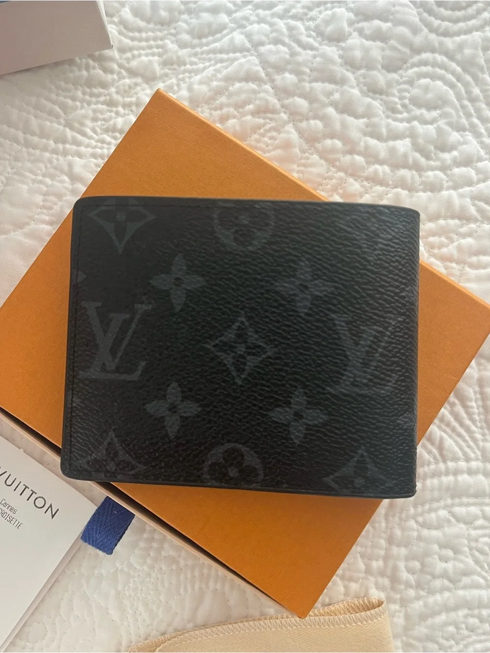 Louis Vuitton Black Monogram Canvas Bifold Wallet with Orange Box